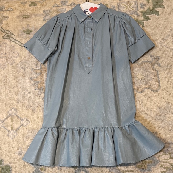 Never A Wallflower Dresses & Skirts - Never a Wallflower - Blue Ruffled Vegan Leather Short Sleeve Dress